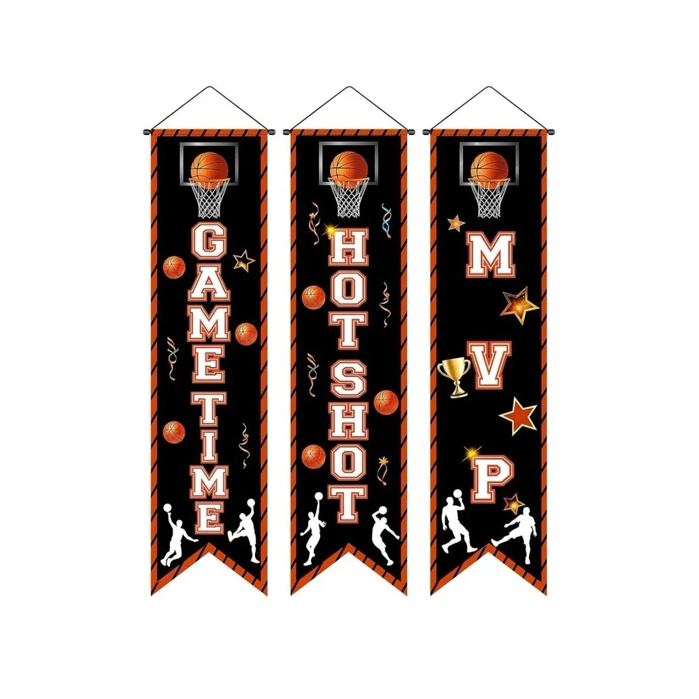 3Pcs Basketball Party Decorations Banner Sign Basketball Game Time Porch Signs